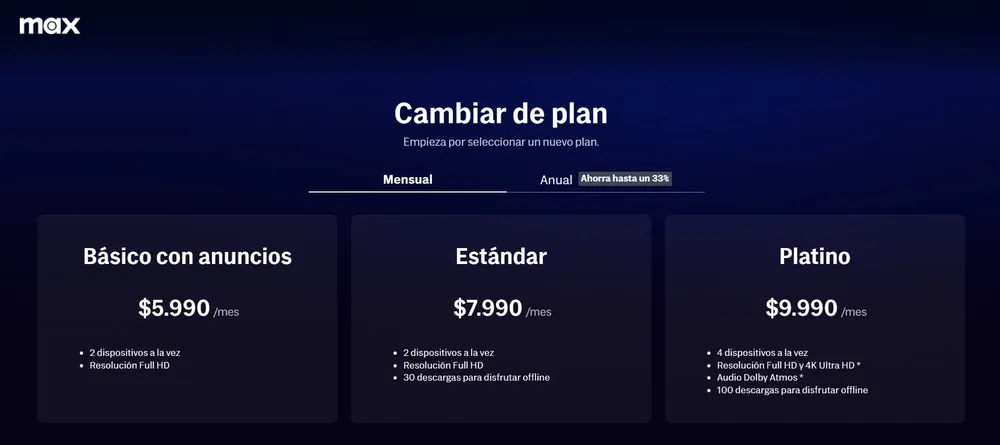Cuánto vale la plataforma Max en Chile mensualmente